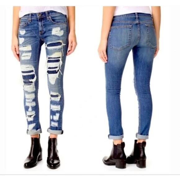 Rag & Bone Dre Distressed & Repaired Ada Brigade Boyfriend Jean Womens 25 Blue - Picture 3 of 12